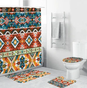 3D Print Bohemia Style Shower Curtain Bathroom Rug Set Bath Mat Toilet Lid Cover - Picture 1 of 11