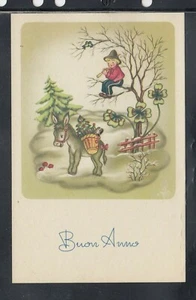 Cartolina Augurale Buona Anno Bambino Asino Neve Quadrifogli ZA353 - Picture 1 of 1