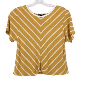 Fashion Nova Damen Crop Top L senfgelb gestreift Kurzarm Knoten vorne - Bild 1 von 8