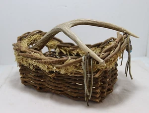 Handmade Basket Rectangle Deer Antler Handle Leather Fringe Decorations - Picture 1 of 7