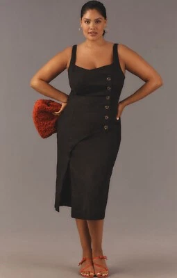 Vestido Anthropologie Midi Negro Sin Mangas Lino Botón Envolvente Preppy 2X Plus Nuevo con Etiquetas Foto 1 de 4