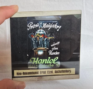 Alte Kinowerbung Antik Glas Dia Ernst Etzel Aschaffenburg Prosit Neujahr Haniel - Bild 1 von 4