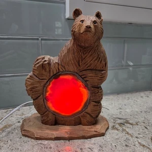 Hand Carved Wooden Bear Lamp with Agate Glow Light Rustic Cabin Decor - Picture 1 of 10