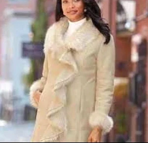 KC COLLECTIONS Beige FAUX SUEDE/FUR Hook-Eye Closer LARGE COLLAR Drape JACKET S - Picture 1 of 11