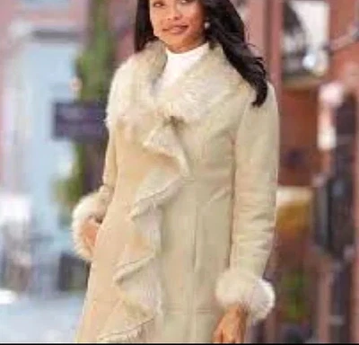 KC COLLECTIONS Beige FAUX SUEDE/FUR Hook-Eye Closer LARGE COLLAR Drape JACKET S - Image 1 of 4