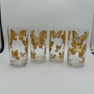 Vintage MCM Butterfly Drinking Glasses Mid Mod 1970s Gold on Gold Tumblers Set/4 - Picture 1 of 10
