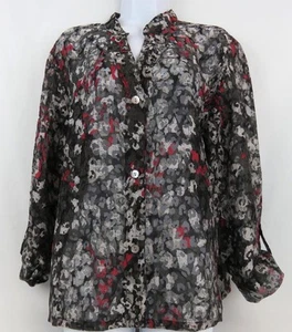 Ruby Rd Women Size 14 Lightweight Jacket Black Silver Red Button Down Top V-Neck - Picture 1 of 5