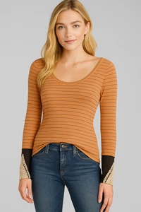 BKE Shirt Top Womens Small Flax Blend Striped Crochet Cuff Lightweight - Picture 1 of 11