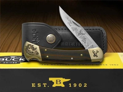 Buck 110 Folding Hunter Knife Ten Point Buck Ebony Wood Stainless Pocket Knives - Image 1 of 4