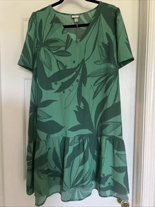 A NEW DAY WOMEN'S SHORT SLEEVE MINI RUFFLE HEM DRESS GREEN FLORAL XL - Picture 1 of 5