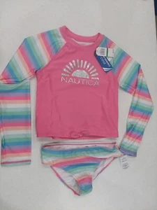 NEW Nautica Girl's Kids Two-Piece Rashguard Swimsuit Set Size L Rainbow Swim NWT - Picture 1 of 10