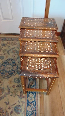 Vintage Asian Set of 4 Carved & Pearl Inlaid Nesting Tables - Image 1 of 4