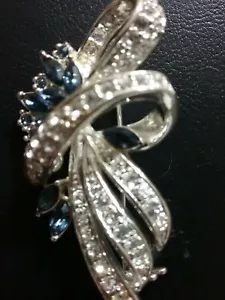 Vintage Clear Rhinestone Pin Brooch with Blue Stones 2 1/2 inch long - Picture 1 of 3