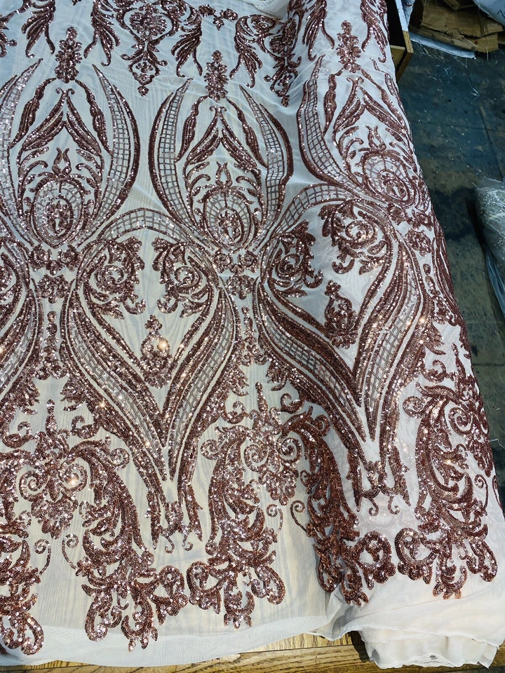 ROSE GOLD DAMASK SEQUINS DESIGN ON A NUDE 4 WAY STRETCH  MESH-PROM-BY YARD. - Image 1 of 1