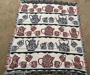 Woven Tapestry Throw Blanket Coffee Theme w Fringe - Picture 1 of 8
