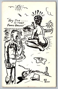 Hey Joe is that fanny brown? risque Man buried in sand postcard c1950s - Foto 1 di 2