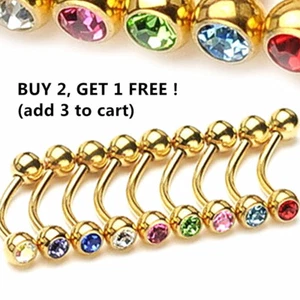 Pair 16G Surgical Steel Gold Crystal Ball Barbell Curved Eyebrow Ring Bar Tragus - Picture 1 of 14