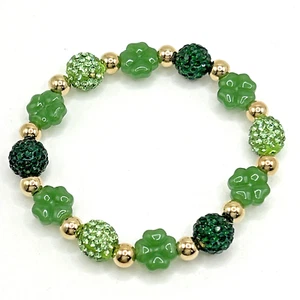 St. Patrick's Day Shamrock Stretch Bracelet Green Glass Beads with Gold 7" - Picture 1 of 4