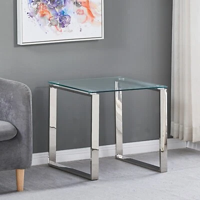 Tempered Glass Side End Table Stainless Steel Chrome Legs Living Room Furniture - Image 1 of 4