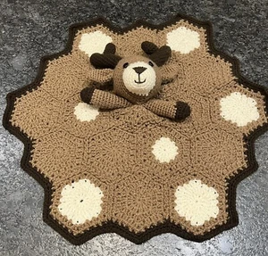 Crochet Moose Deer Security Blanket 21”x23”Brown & White Baby Lovey Fun Cuddly - Picture 1 of 4