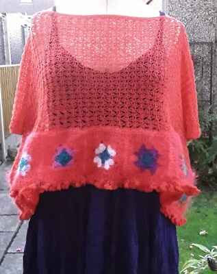 OOAK HANDMADE Crochet Red Cropped Boxy Jumper with Mohair Granny Squares OSFA - Image 1 of 4