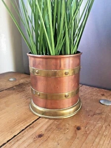 LINTON COPPER & BRASS BANDED RIVETED CYLINDER PLANTER PLANT POT ANTIQUE VINTAGE - Picture 1 of 12