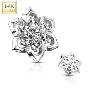 14K Solid Gold CZ Cluster Center Flower Dermal Anchor Top 14g - Picture 1 of 6