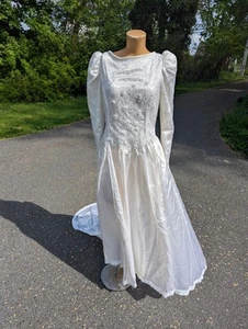 Modest Hand Sewn Satin Lace Wedding Gown - Picture 1 of 8