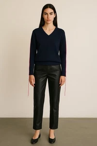 Helmut Lang Large navy blue cashmere sweater hot pink threads on both sides - Picture 1 of 6