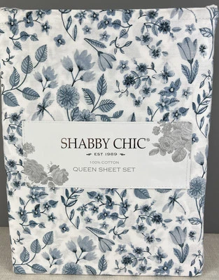 Shabby Chic Queen Sheet Set Floral Blue and White Summer 100% Cotton 4 pc NEW — 第 1/2 张图片