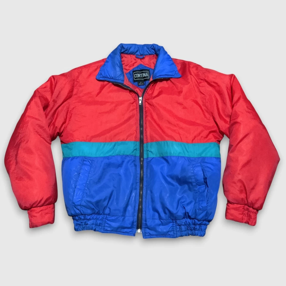 Vintage Cortina Puffer Ski Jacket 80s Retro Zip Colorful Coat Mens Medium Red - Image 1 of 4