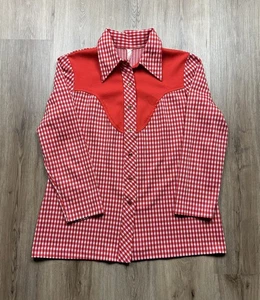 60s Vintage Women’s Gingham Plaid Polyester Rockabilly Shirt Cowgirl Large - Picture 1 of 8