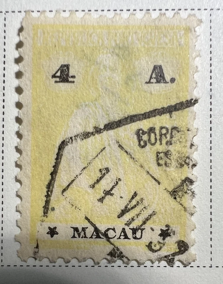 MACAU-4avos Ceres 1924 amarillo, usado, #236.  Ceres es diosa de la agricultura. Foto 1 de 1
