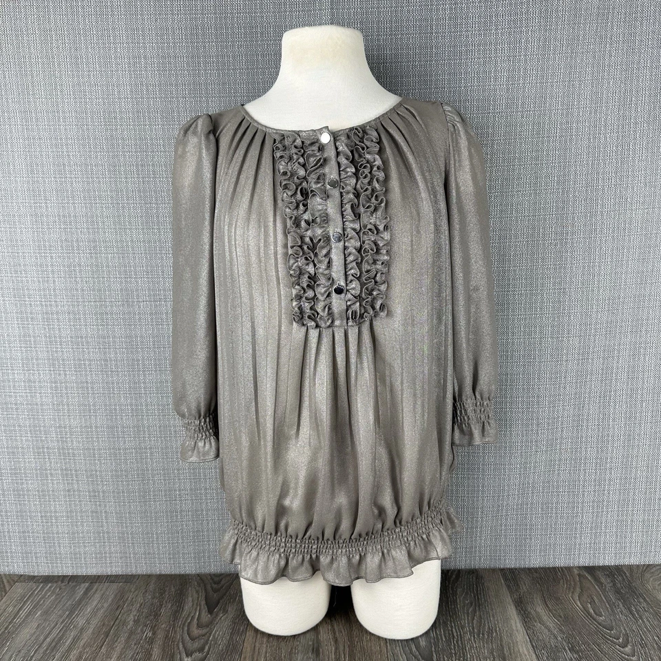 Ted Baker Emie Top Womens Size 4 S Silver Grey Pleated Ruffle Sheer 3/4 Sleeve - Image 1 of 4