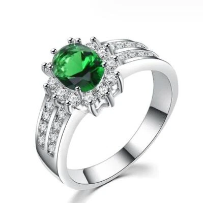 Holiday Gift Shine Oval Green Quartz Cubic Zirconia Silver Rings Us Size 5~12 - Image 1 of 4