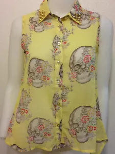 NUEVO GLAM DOLLZ CALAVERA FLORAL TRANSPARENTE CON BOTONES TOP SIN MANGAS CUELLO LATÓN TACHONADO PEQUEÑO - Imagen 1 de 9