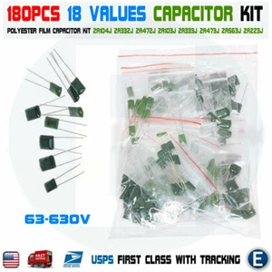 180PCS 18 Values Polyester Film Capacitor Assortment Electrolytic Kit 63-630V - Picture 1 of 5