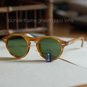 Occhiali da sole rotondi da uomo geen biondo occhiali acetato massiccio lenti in vetro verde UV400 - Foto 1 di 5