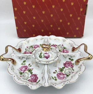 NIB VTG Adeline Porcelain Divided Serving Tray w/Gold Handles And Details 13” W - Bild 1 von 8