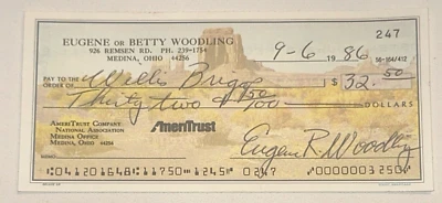 Cheque bancario personal autografiado por Gene Woodling HOF firmado cancelado 6/09/1986 Foto 1 de 4