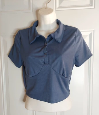 LOVE J Short Sleeve 1/2 button down Blue Crop Top Blouse Size Medium Junior - Image 1 of 3
