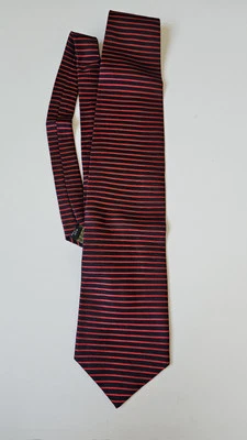 Bruno Piattelli 100% 纯丝绸男式领带海军蓝和红色条纹美国制造 — 第 1/4 张图片