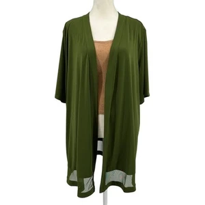 Susan Graver Cardigan XL Olive Green Liquid Knit Mesh Inset Open Front Stretchy - Picture 1 of 9