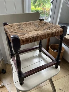 Vintage Retro Rope Rattan Hemp Small Wooden Foot Stool Woven Top 30x 35x 38cm - Picture 1 of 3