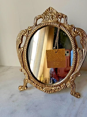 Ornate Art Nouveau Hollywood Regency Golden Metal Table Vanity Mirror - Image 1 of 4