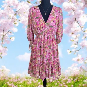 TAYLOR Pink & Green Spring Floral 3/4 Sheer Sleeve Knee Length Prairie Dress M - Picture 1 of 9