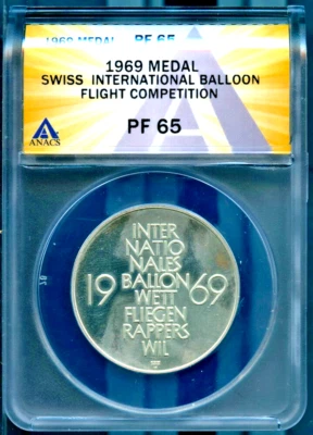 1969 Medal Silver Swiss Int'l Balloon Flight Comp PF 69 ANACS # 7805645 + Bonus - Image 1 of 4