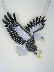 EAGLE NECKLACE, BLACK ONYX & CZ, WHITE GOLD & ENAMEL-plated 925 STERLING SILVER - Picture 1 of 3