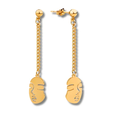 Pendientes de lujo de oro de 18 quilates con cara audaz. Lindo tachuela colgante minimalista Foto 1 de 3