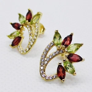 Navette Granat Peridot CZ Ohrstecker 925 Silber 585 Gelbgold vergoldet - Bild 1 von 4